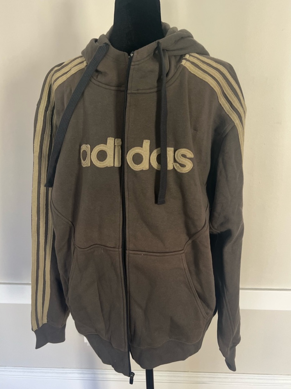 NWT 2000s adidas Vintage Linear Fleece Dark Shade Brown Gray Zip Up Hoodie Sz L
